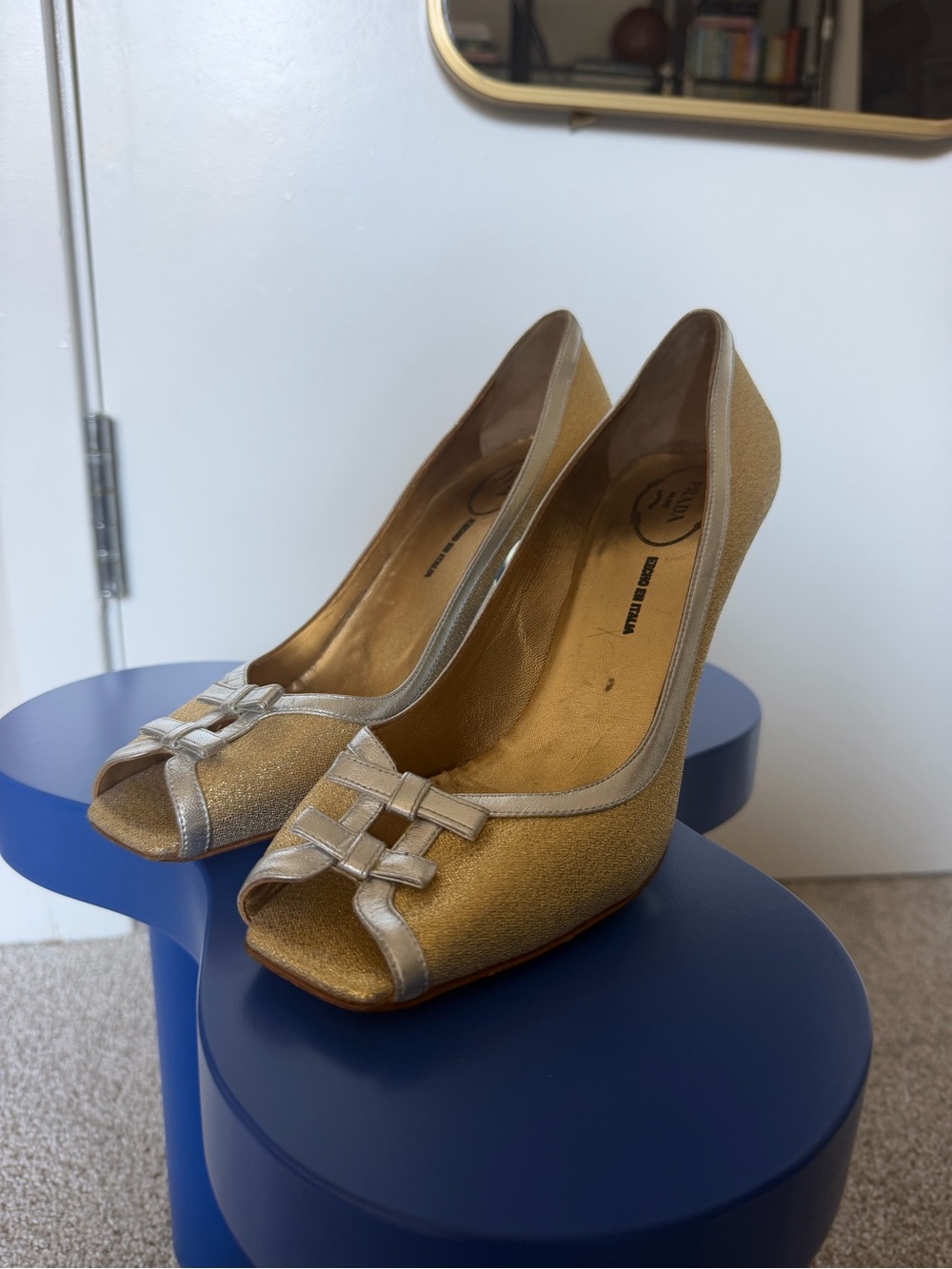 Prada Metallic Gold Peep-Toe Heels with Bow Accent
